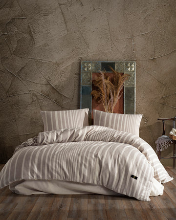 Light Brown Bedding Set With Beige Stripes